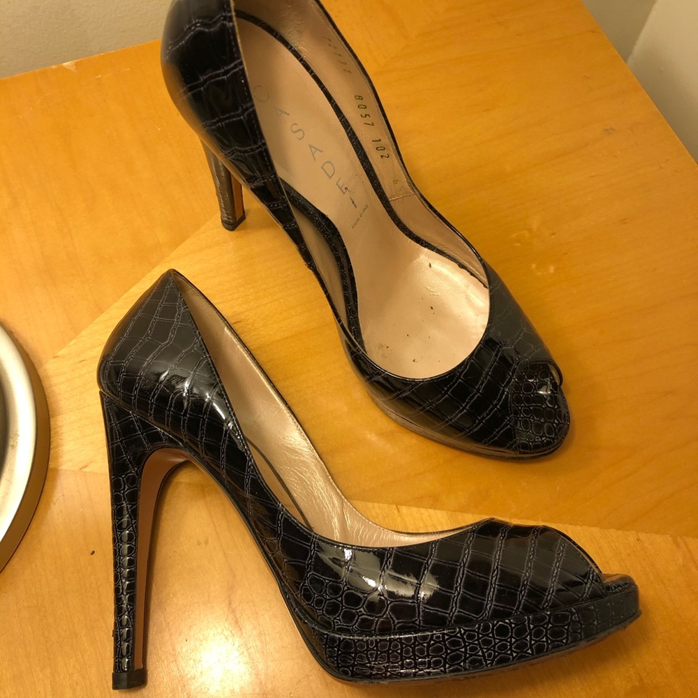 Casadei Black Croc Peep Toe Pump
